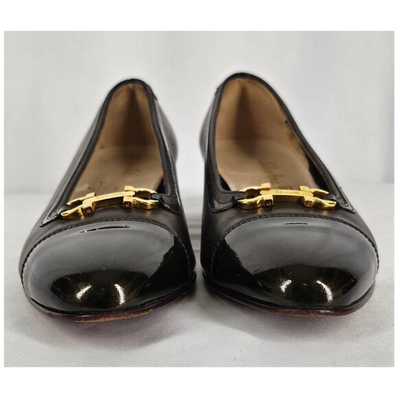 SALVATORE FERRAGAMO WOMEN’S BROWN PUMP – SIZE 3.5B – BRONZE PATENT TOE & GANCINI - Picture 10 of 14